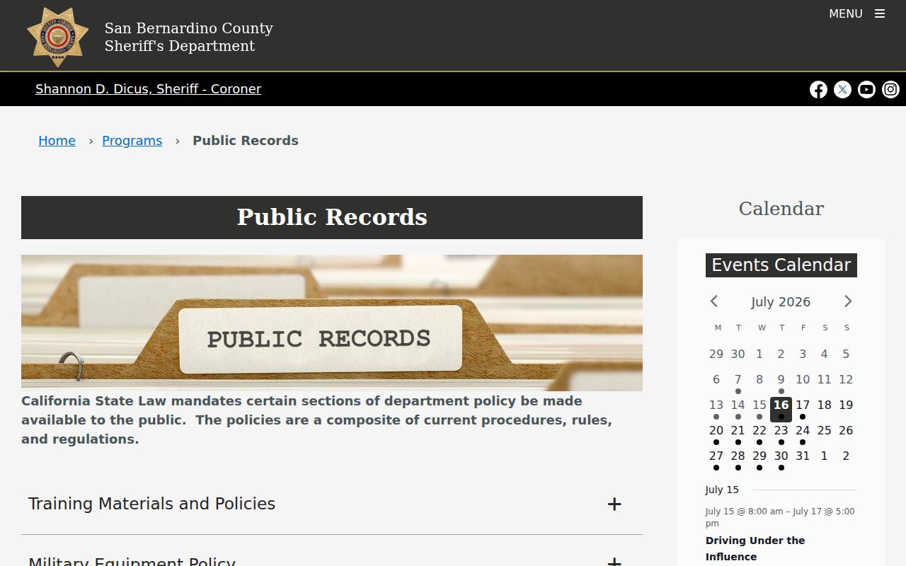 San Bernardino County Sheriff arrest records request channels