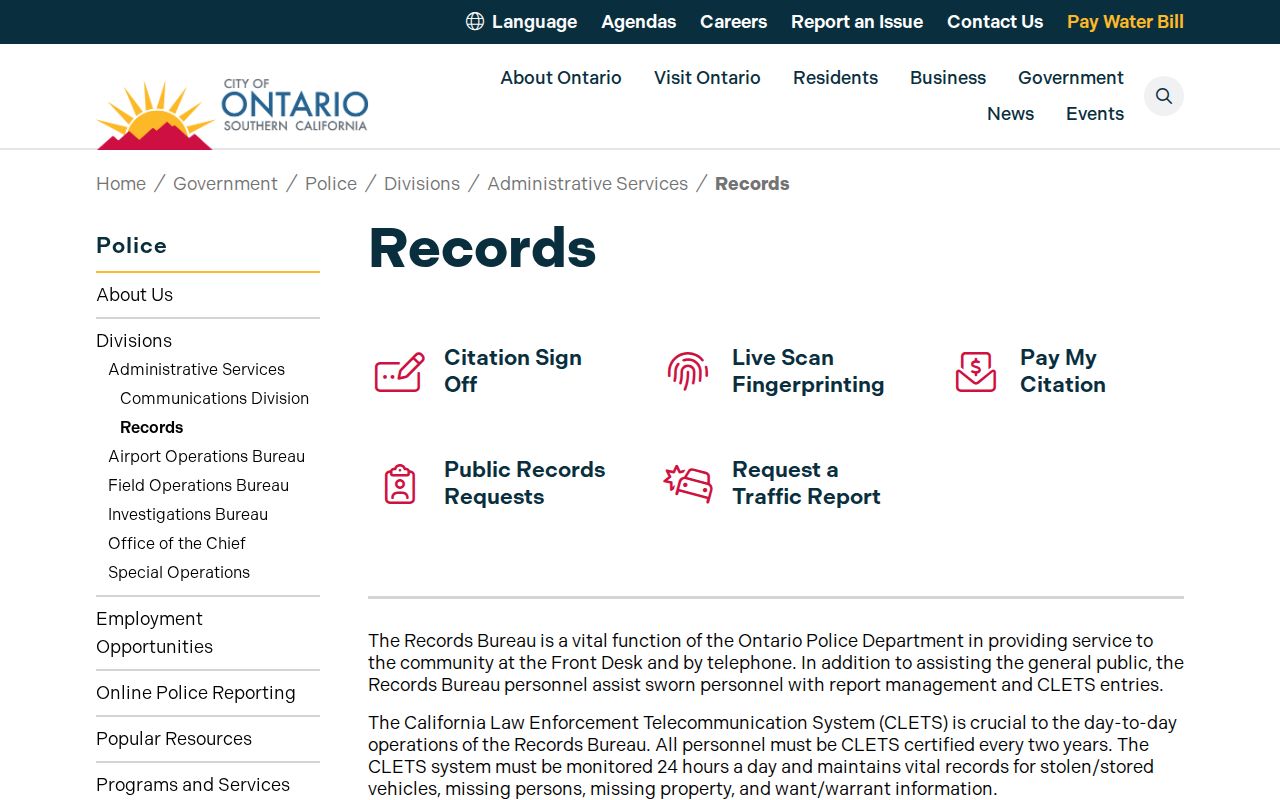 San Bernardino County Ontario criminal records Police Records Bureau services