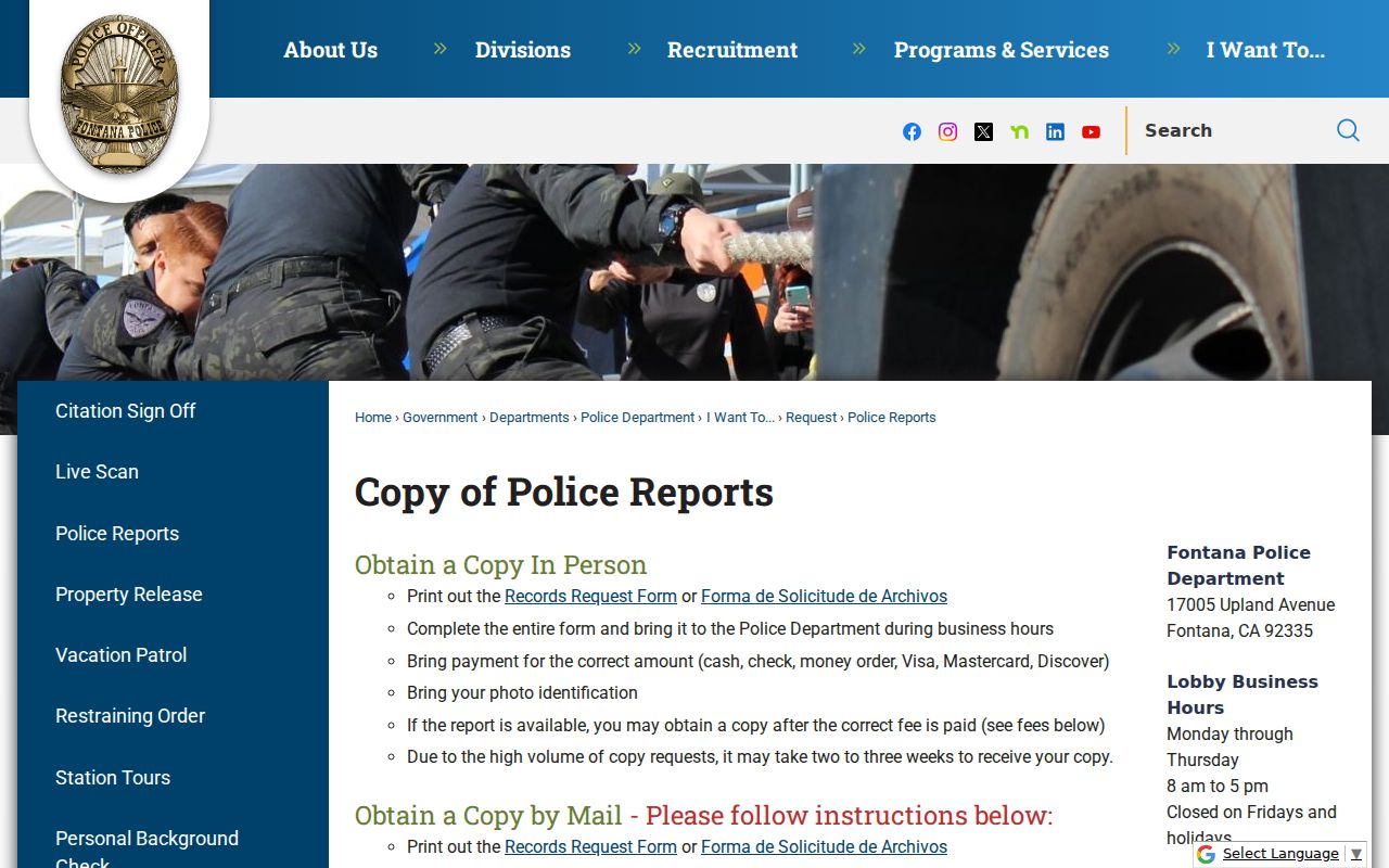 San Bernardino County Fontana criminal records police report request page