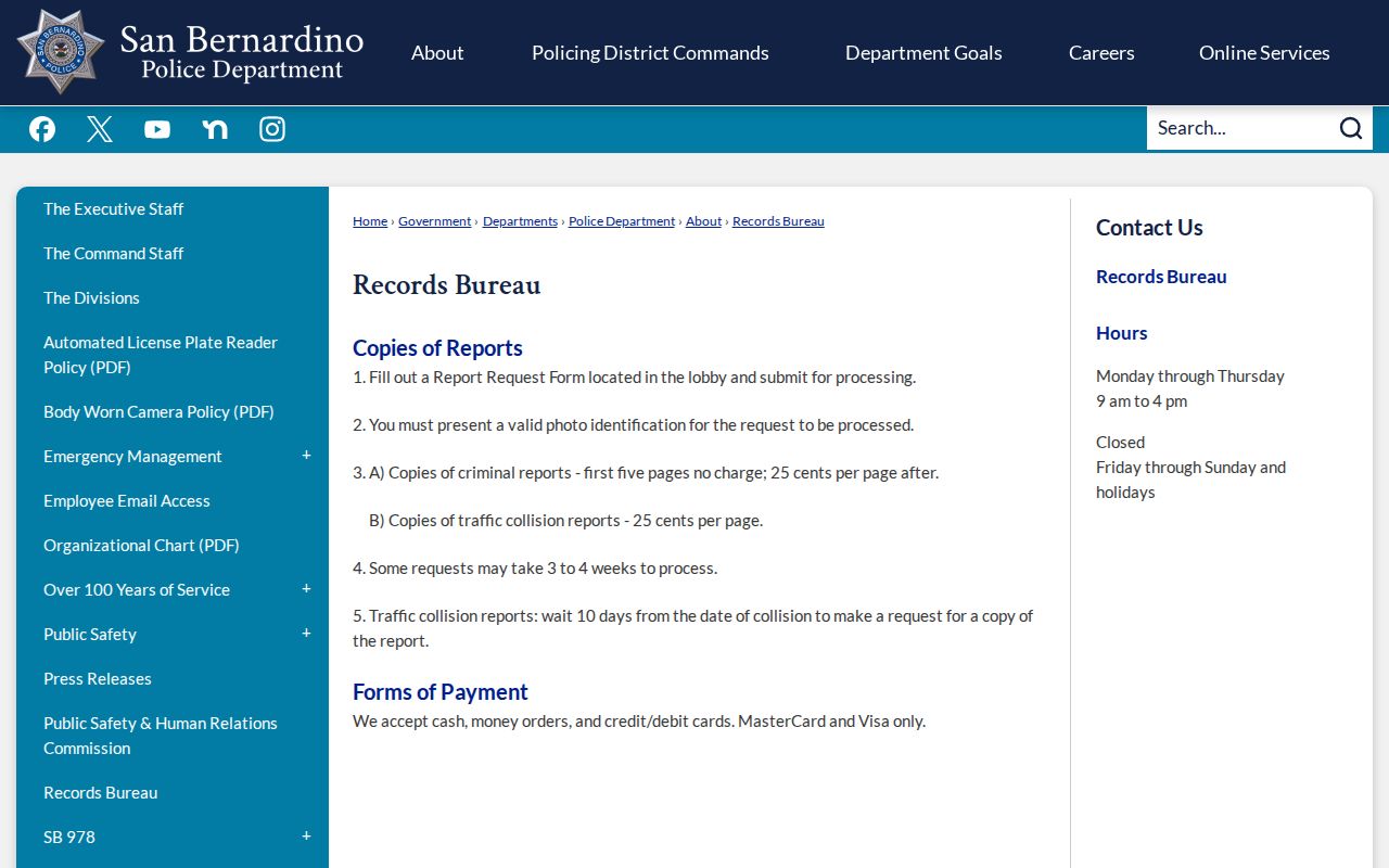San Bernardino Police Records Bureau request instructions and report fees