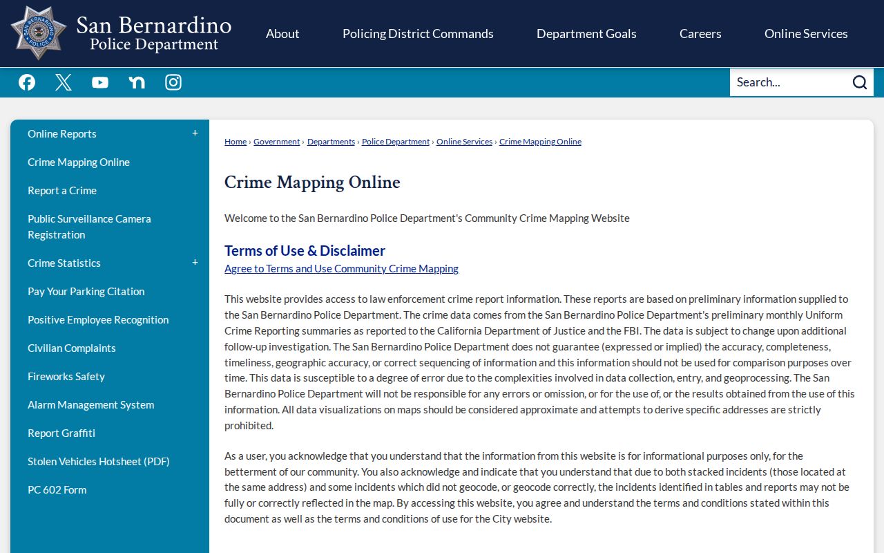 San Bernardino Police crime mapping page with preliminary-data notice