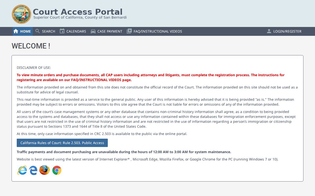 San Bernardino County criminal court case portal