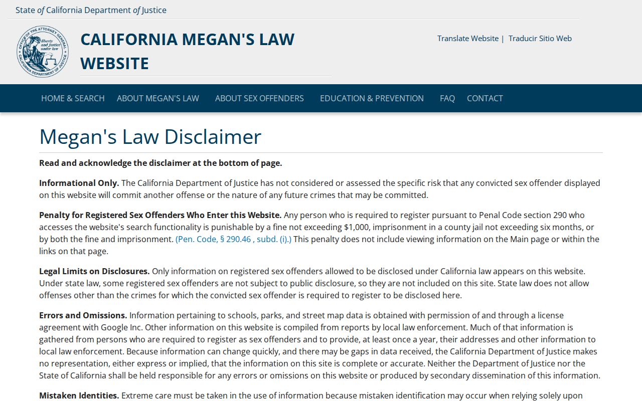 California Megan's Law official registry search and disclaimer