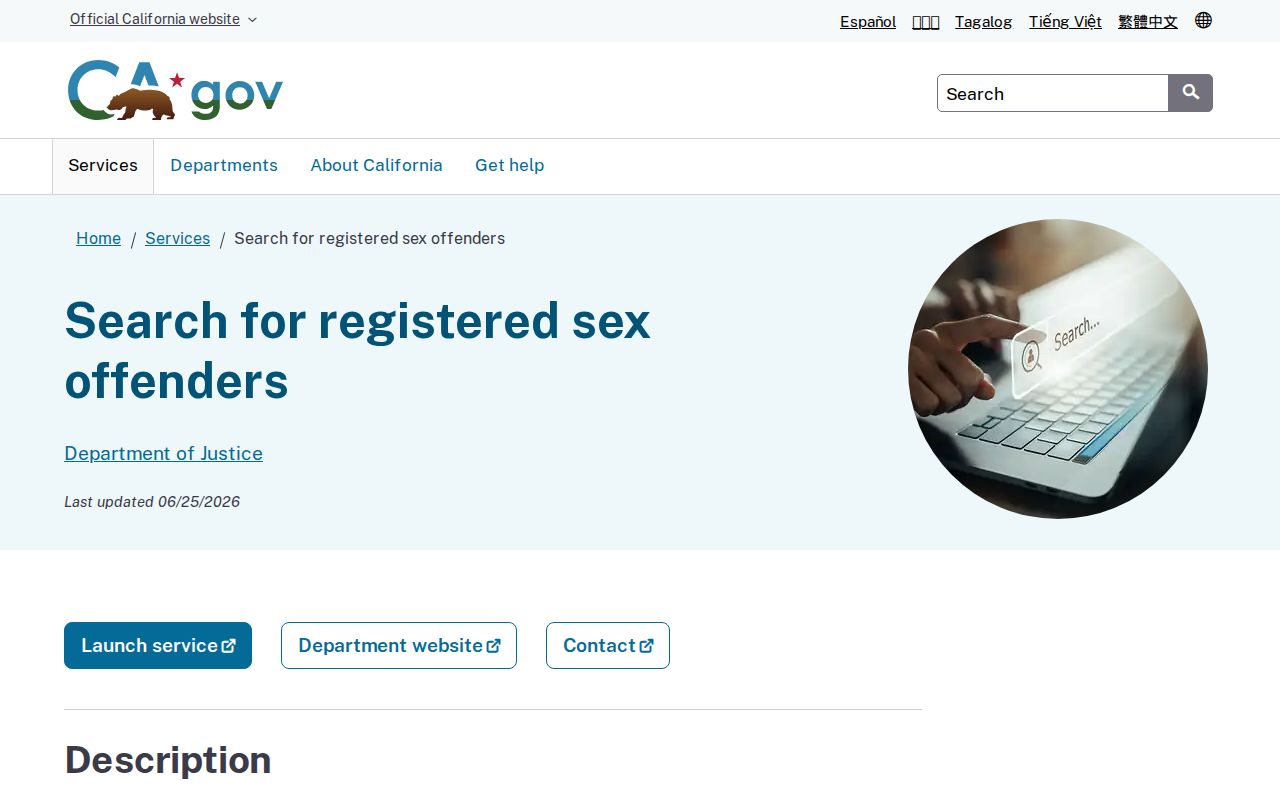 California government Megan's Law registry service description