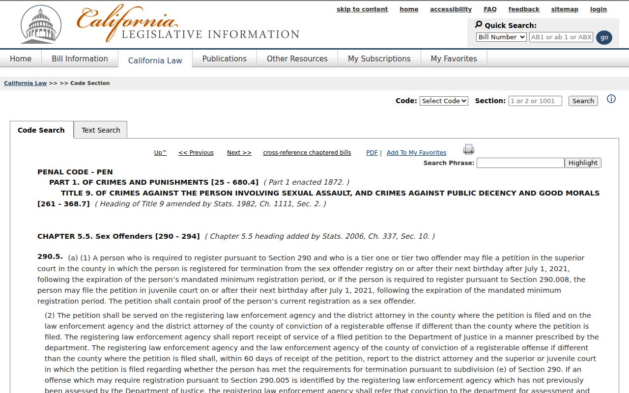 California Penal Code section 290.5 tier termination petition law