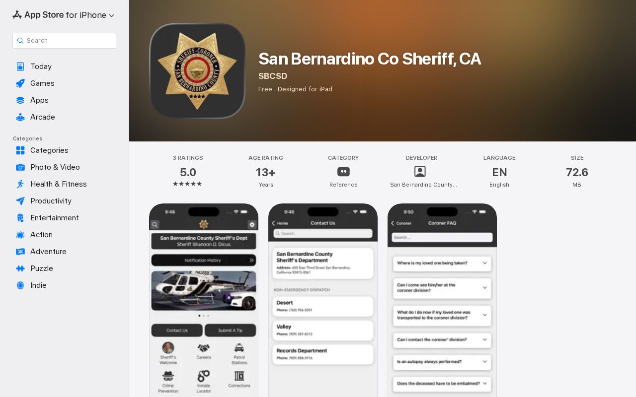 San Bernardino County Sheriff public safety app listing